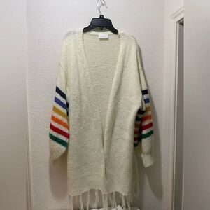 Evelyn open front Rainbow striped white knitted sweater fringe